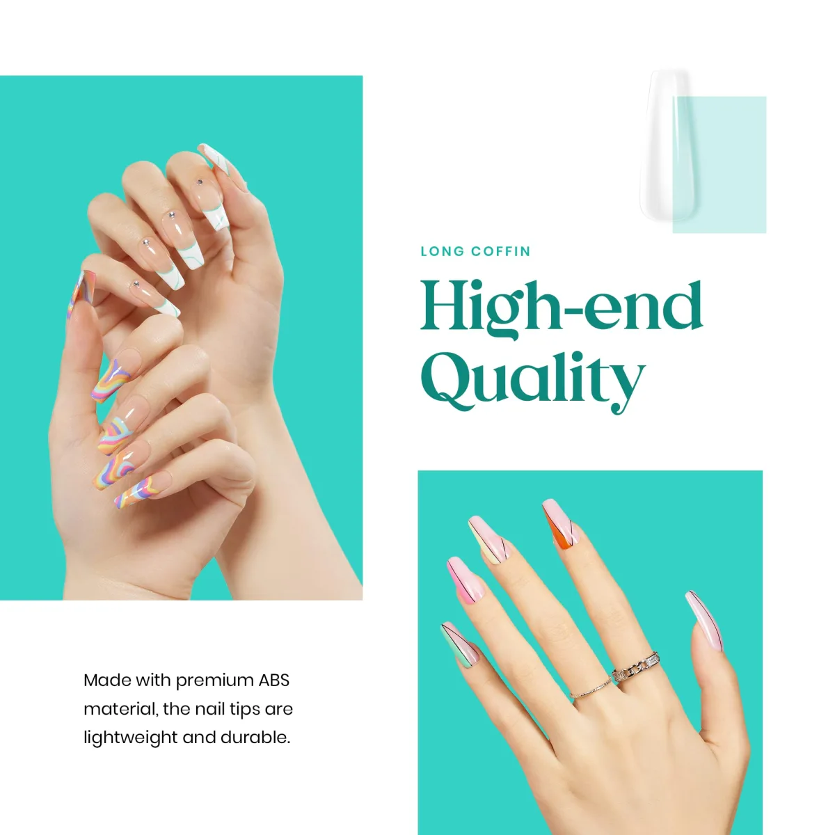 Hands with long coffin press on nails in French tips, rhinestone accents and colourful abstract swirls