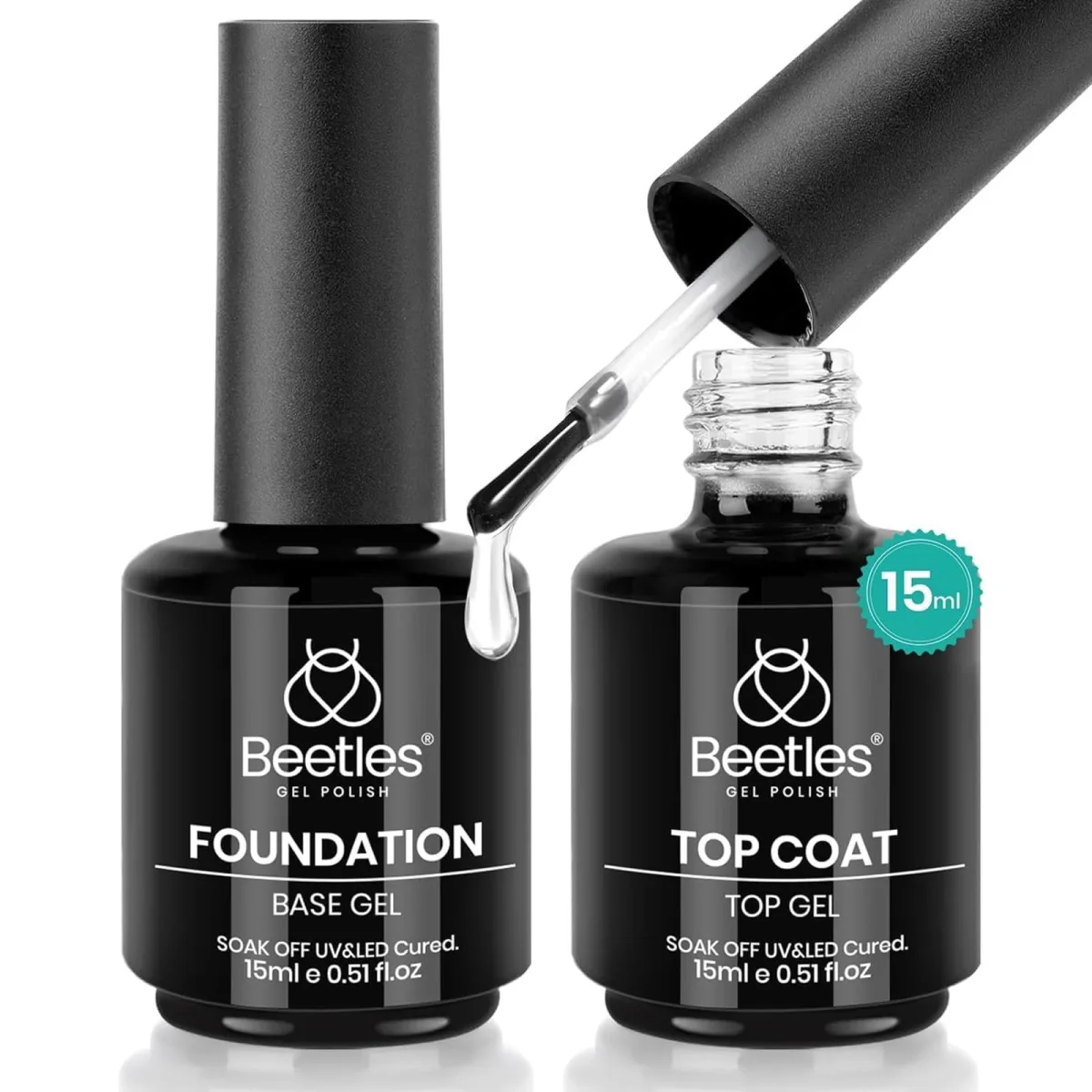 Beetles Foundation base gel and top coat bottles side by side, 15 ml