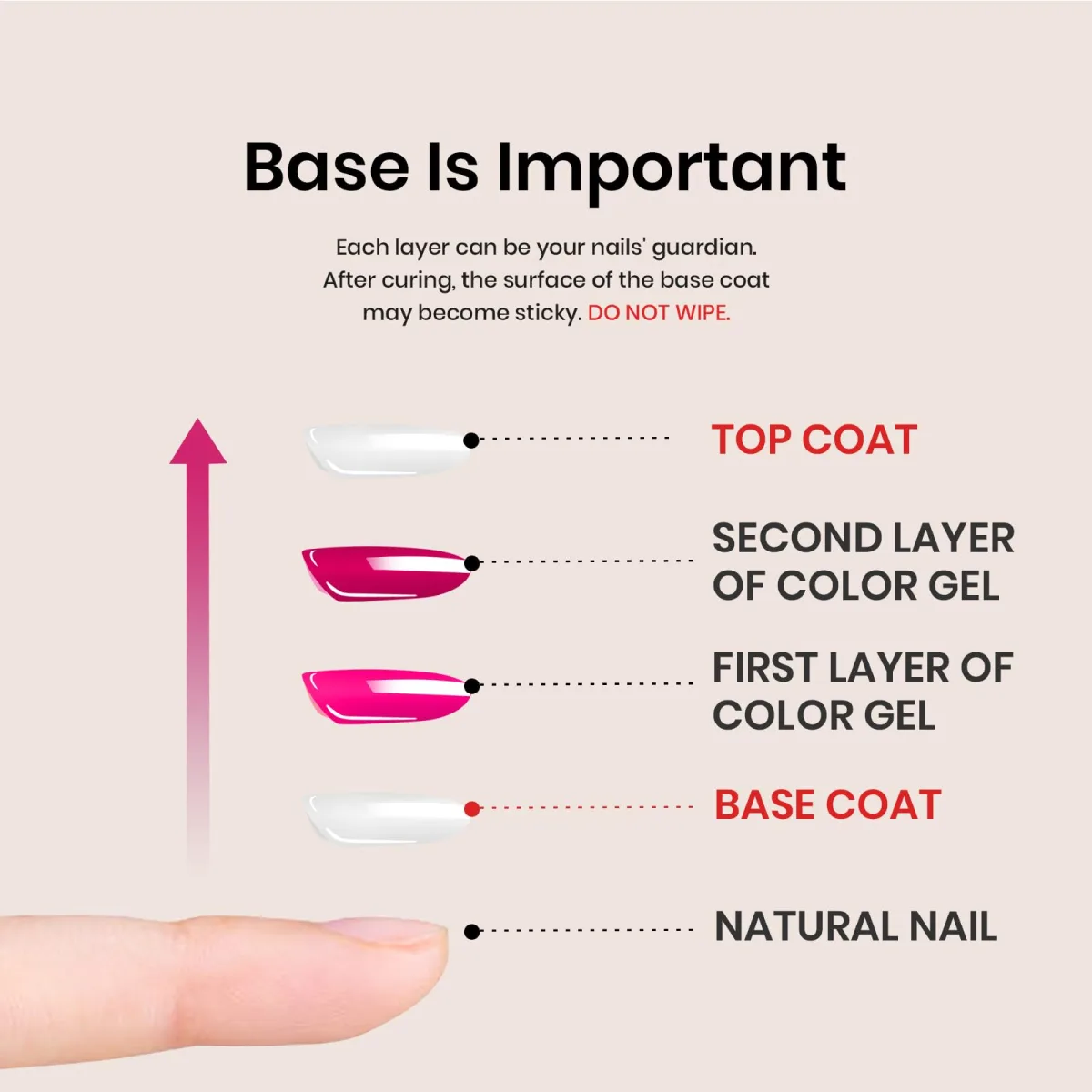 Gel layering infographic: base coat, two color gel layers, top coat over a natural nail