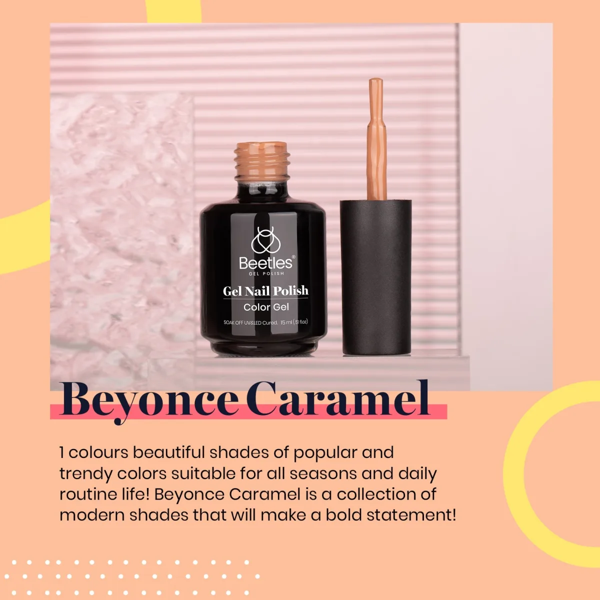 Open Beetles Beyonce Caramel gel polish bottle with brush on a pink background