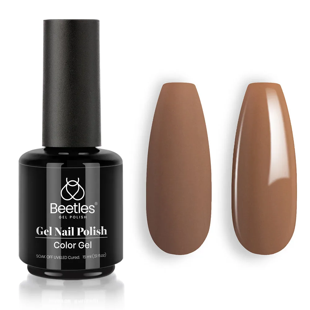 Beetles Beyonce Caramel gel polish bottle with two caramel nail tip swatches