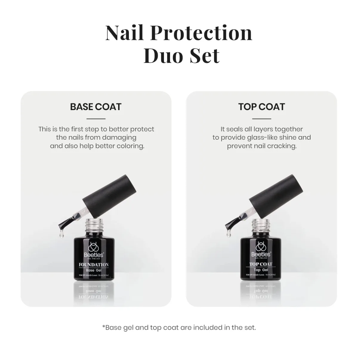 Beetles Foundation Base Gel and Top Coat bottles with clear gel on the brushes