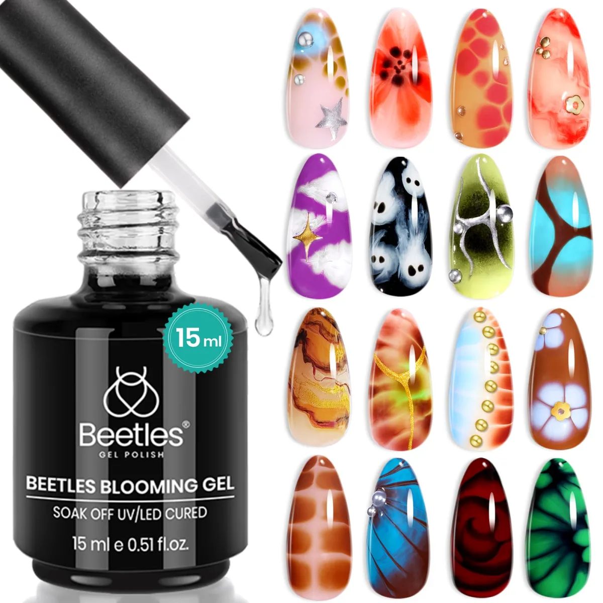 Beetles Blooming Gel bottle with sixteen colourful blooming gel nail art swatch tips