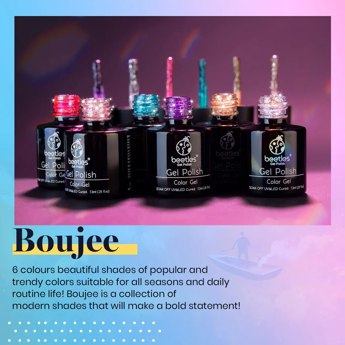 Six open Beetles glitter gel polish bottles in pink, teal, purple, gold and silver