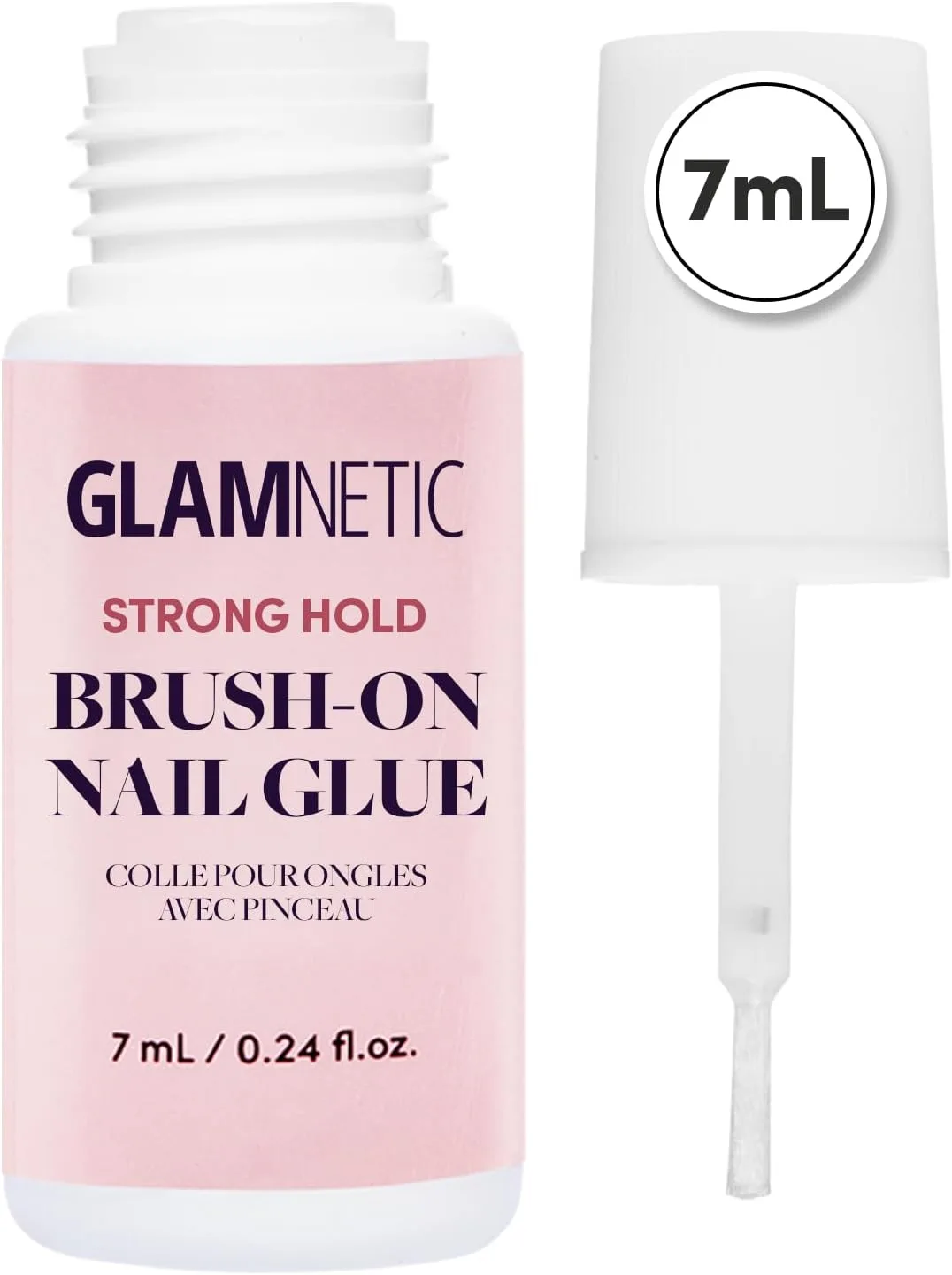 Glamnetic strong hold brush-on nail glue bottle with brush applicator beside it